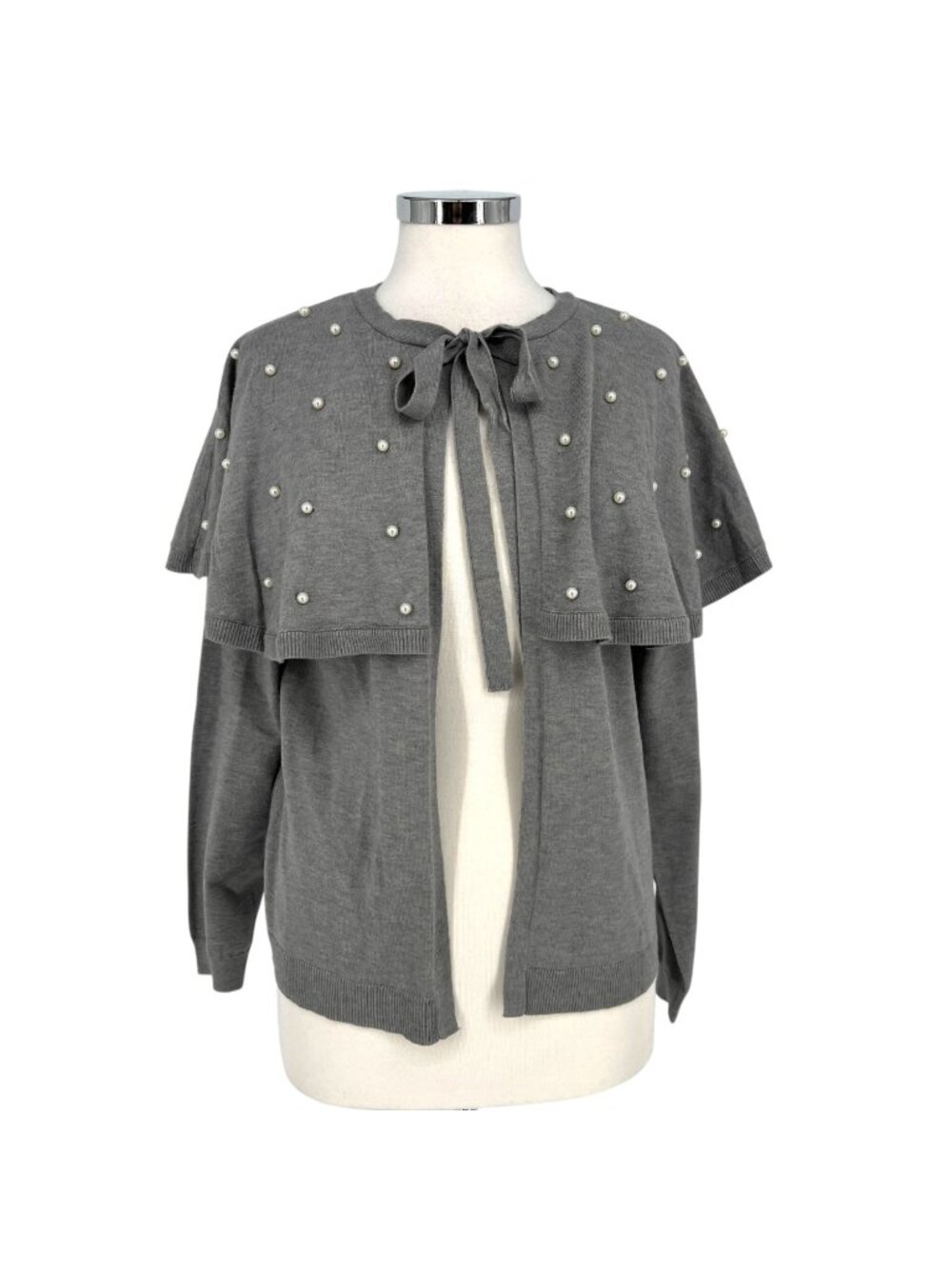 Badgley Mischka Gray Pearl-Embellished Capelet Cardigan Size Medium NWT